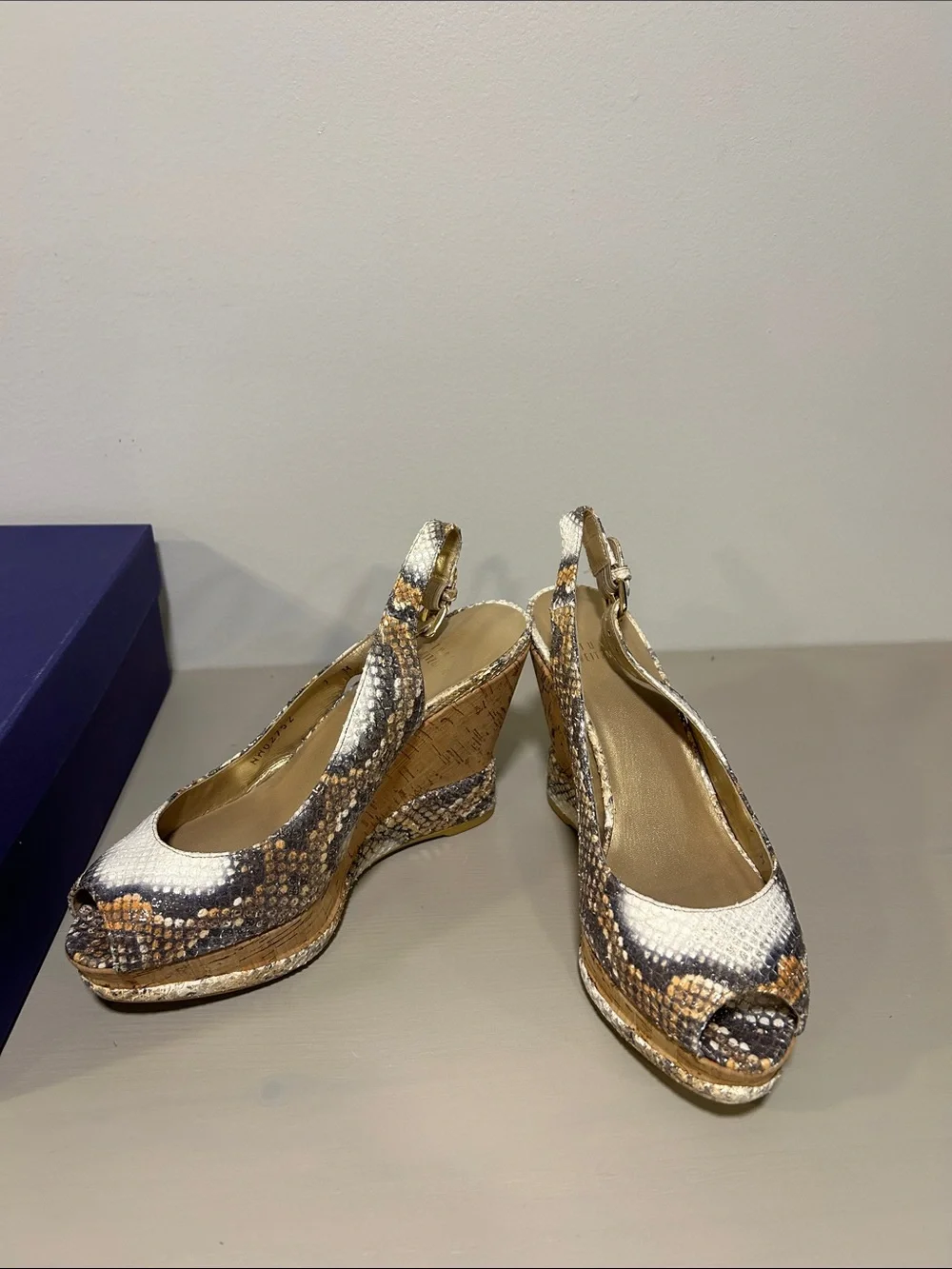 Stuart Weitzman Snakeskin Cork Wedge Slingback - Neutral Brown & Cream - Picture 3 of 5